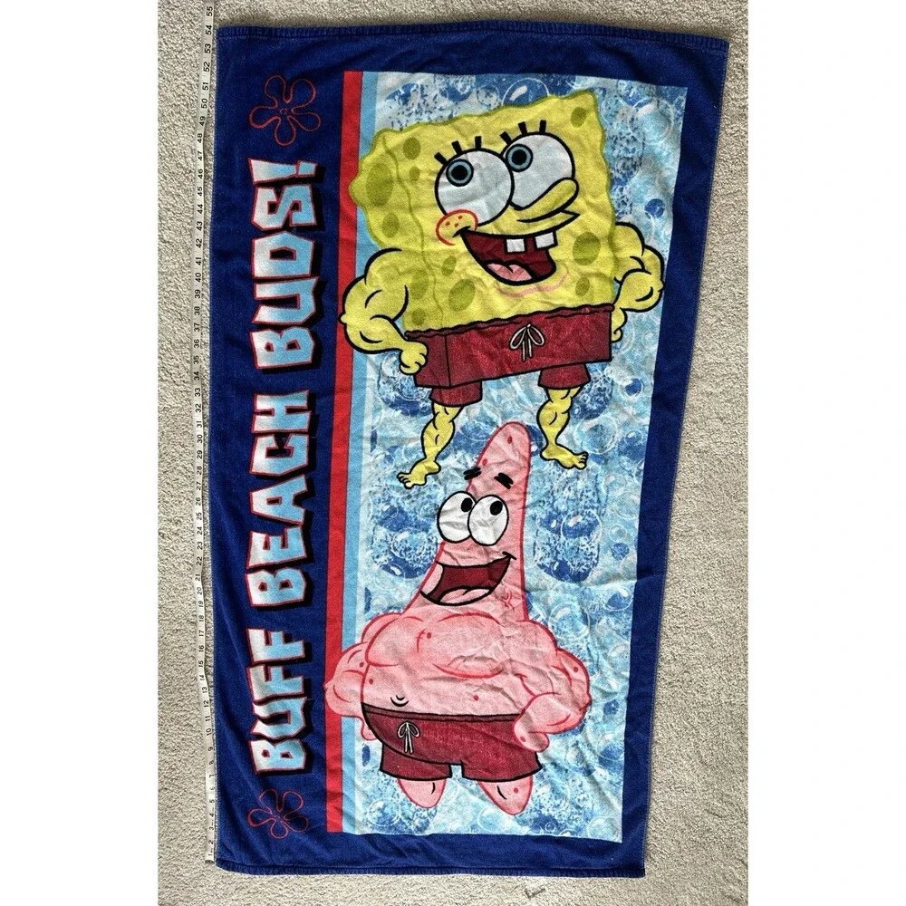 Vintage SpongeBob SquarePants Beach Towel Buff Beach Buds Muscle Patrick Y2K